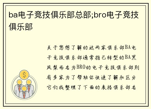 ba电子竞技俱乐部总部;bro电子竞技俱乐部